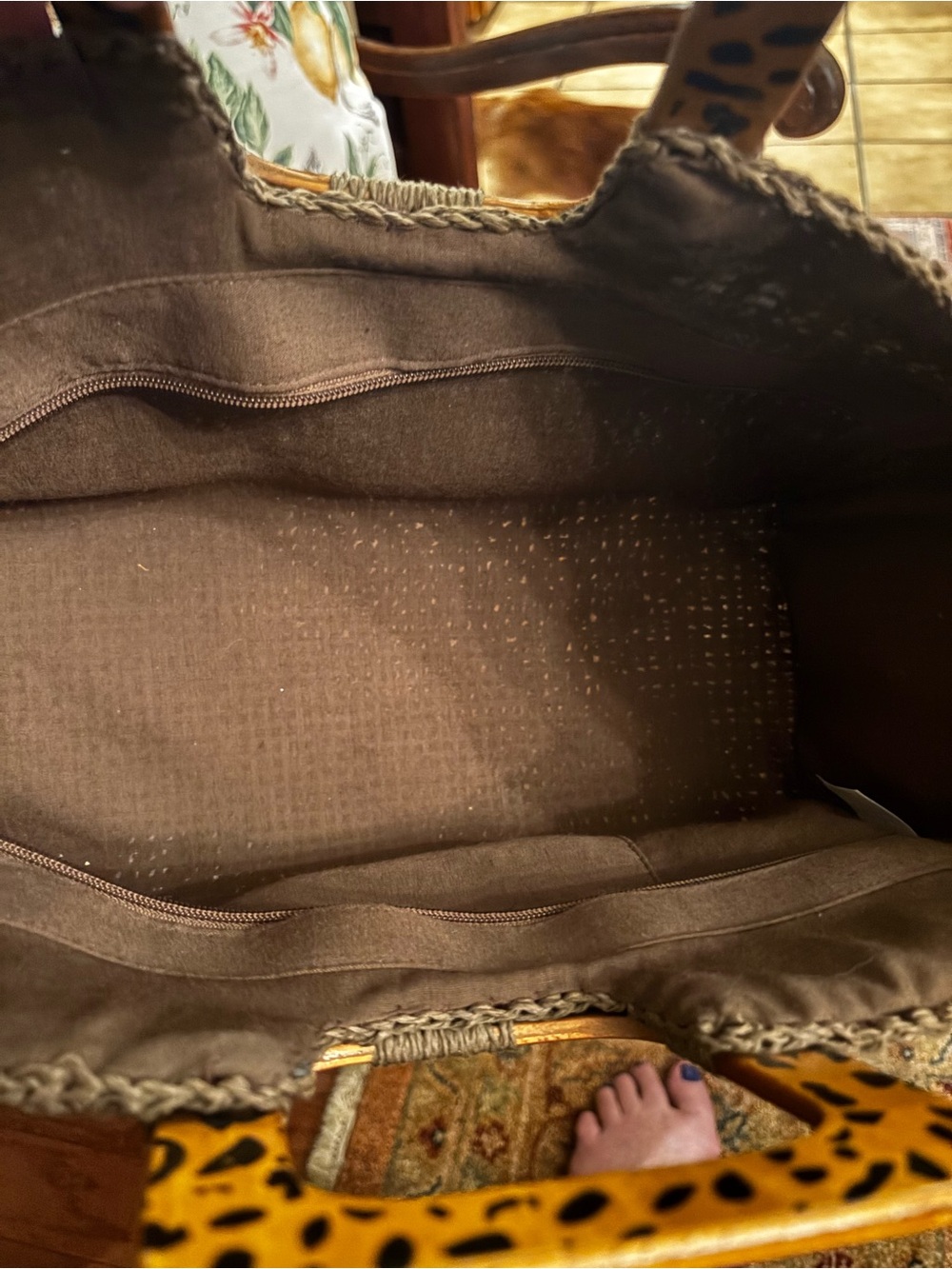 Woven Dark Brown Tote with Leopard-Print Wooden Handles - Picture 4 of 4